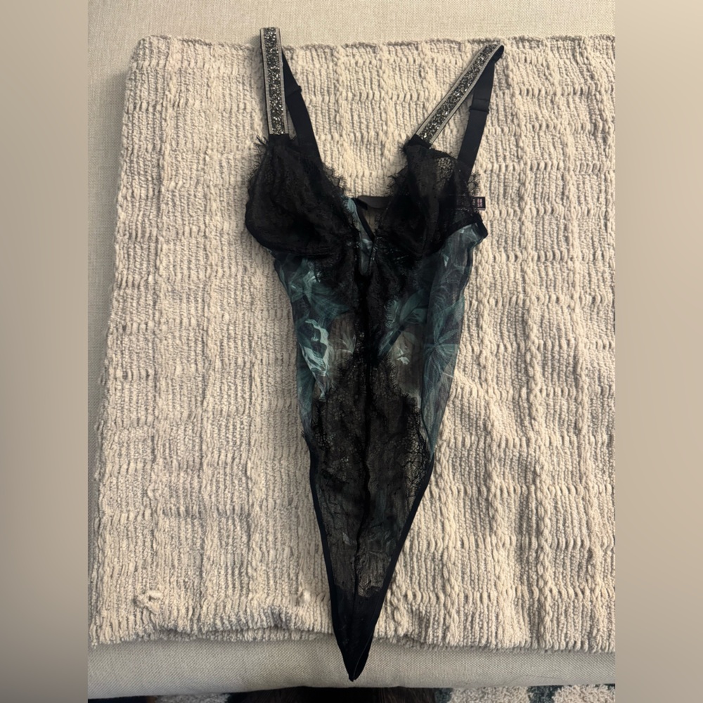 Victoria's Secret Black and Green Lace Bodysuit